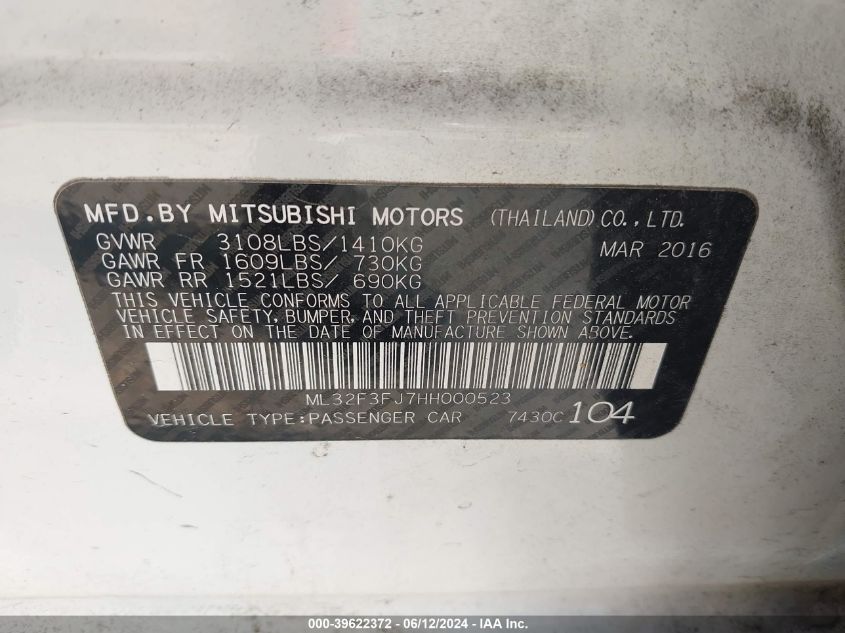 2017 Mitsubishi Mirage G4 Es VIN: ML32F3FJ7HH000523 Lot: 39622372