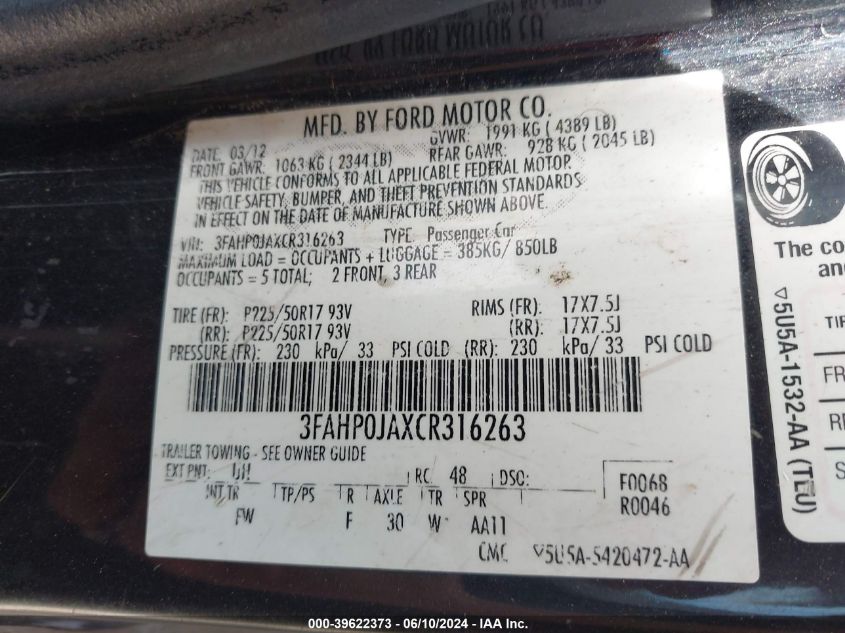 2012 Ford Fusion Sel VIN: 3FAHP0JAXCR316263 Lot: 39622373