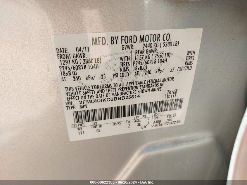 2011 Ford Edge Limited VIN: 2FMDK3KC6BBB25814 Lot: 39622383