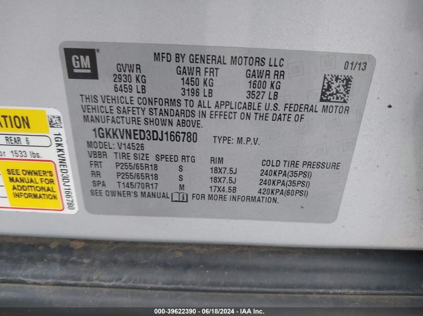 2013 GMC Acadia Sle-1 VIN: 1GKKVNED3DJ166780 Lot: 39622390