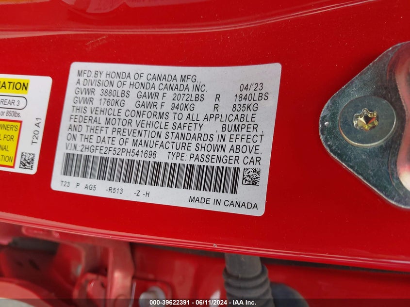 2023 HONDA CIVIC SPORT - 2HGFE2F52PH541696