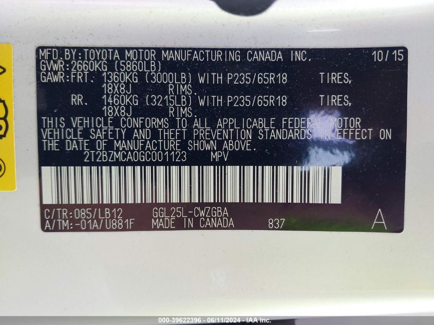 2016 Lexus Rx 350 VIN: 2T2BZMCA0GC001123 Lot: 39622396