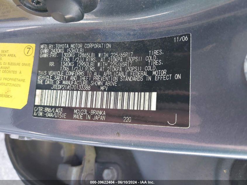 2007 Toyota Highlander Limited V6 VIN: JTEDP21A570133388 Lot: 39622404