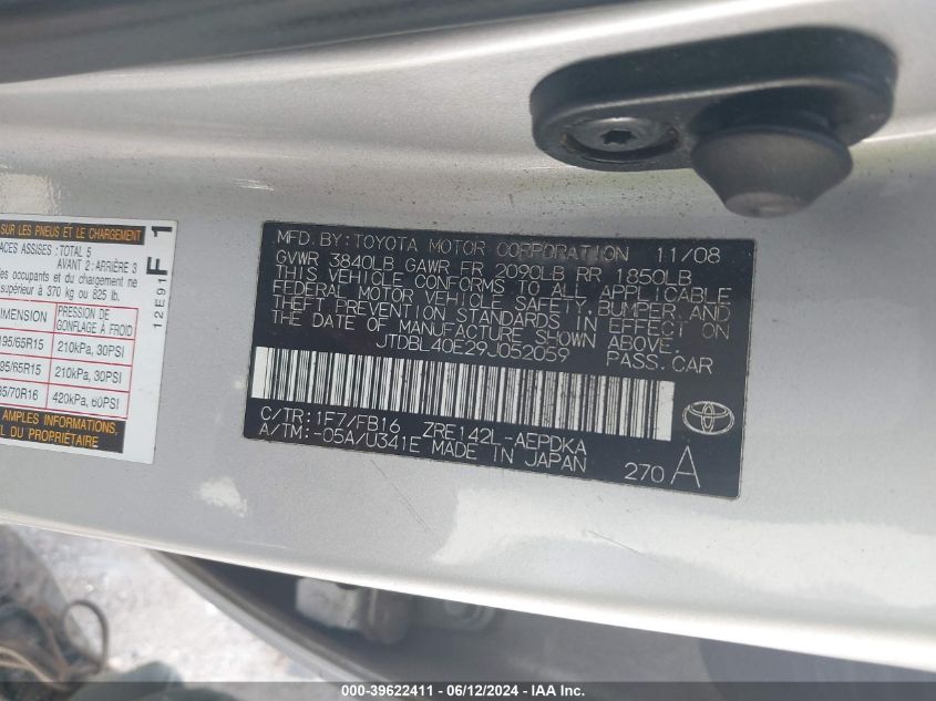 2009 Toyota Corolla Le VIN: JTDBL40E29J052059 Lot: 39622411