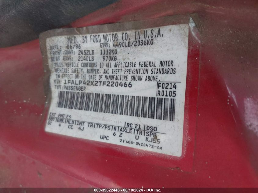 1996 Ford Mustang Gt VIN: 1FALP42X2TF220466 Lot: 39622445