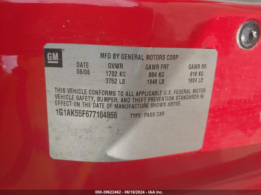 2007 Chevrolet Cobalt Ls VIN: 1G1AK55F677104866 Lot: 39622462