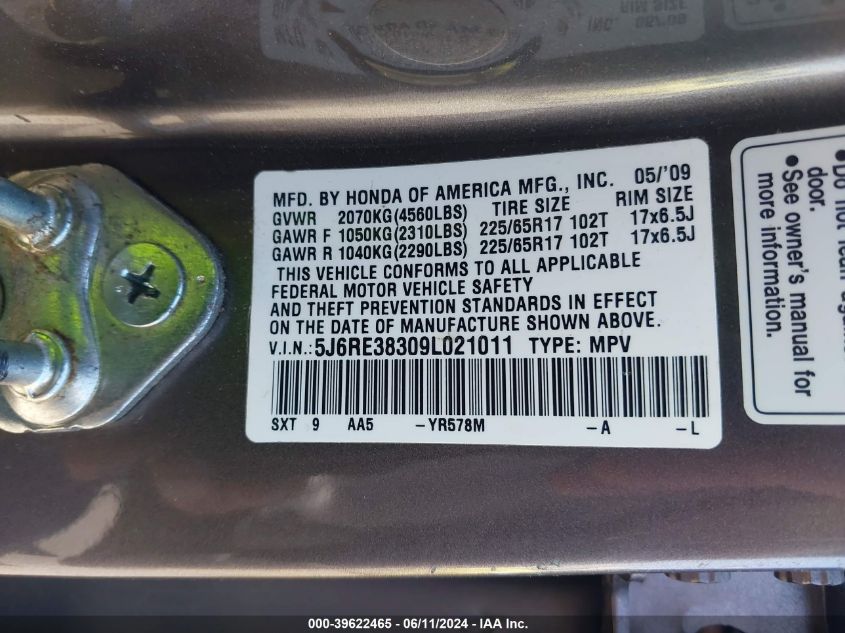 2009 Honda Cr-V Lx VIN: 5J6RE38309L021011 Lot: 39622465