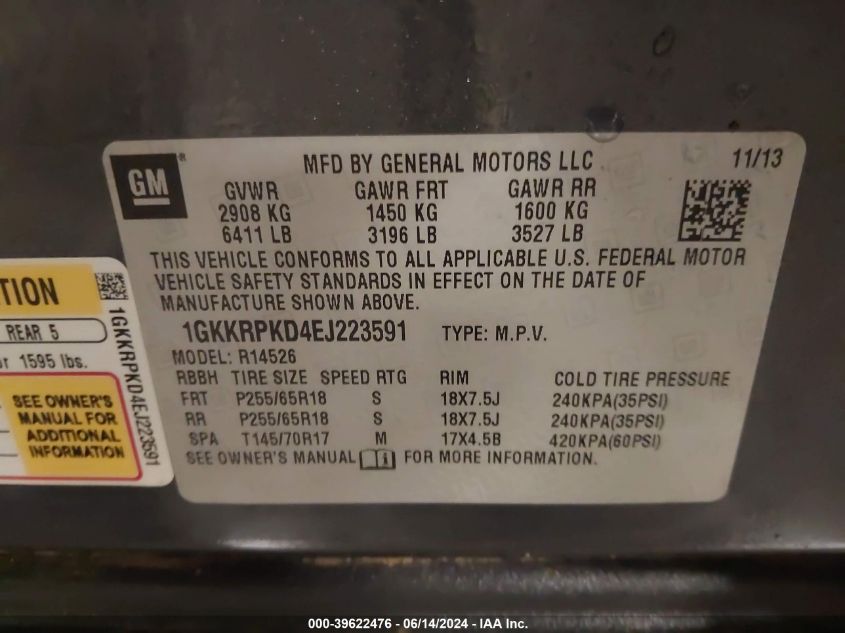 2014 GMC Acadia Sle-2 VIN: 1GKKRPKD4EJ223591 Lot: 39622476