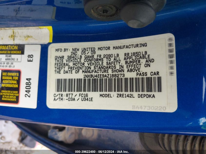 2010 Toyota Corolla Le VIN: 1NXBU4EE9AZ188273 Lot: 39622480