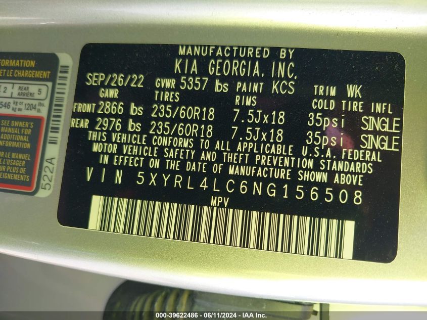 2022 Kia Sorento S VIN: 5XYRL4LC6NG156508 Lot: 39622486