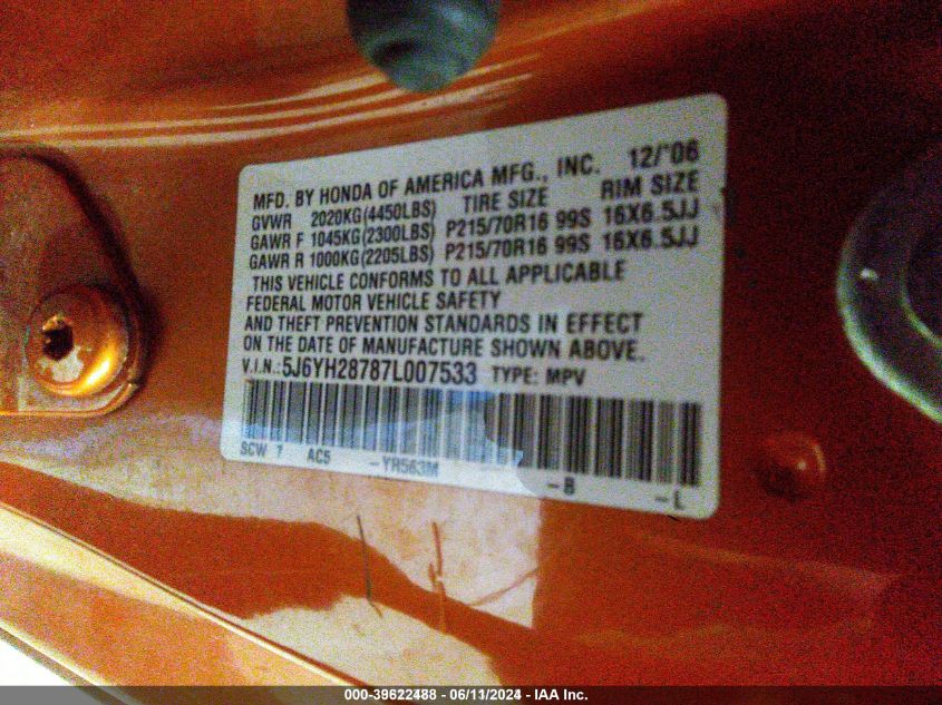 2007 Honda Element Ex VIN: 5J6YH28787L007533 Lot: 39622488