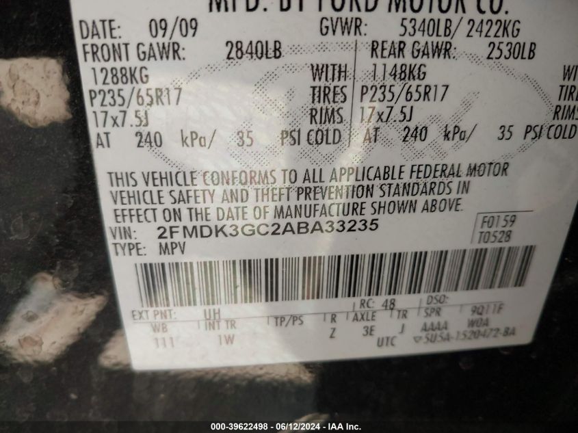 2010 Ford Edge Se VIN: 2FMDK3GC2ABA33235 Lot: 39622498