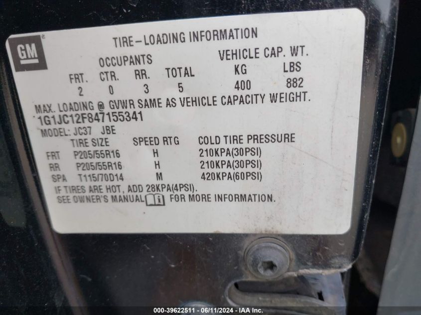 2004 Chevrolet Cavalier VIN: 1G1JC12F847155341 Lot: 39622511