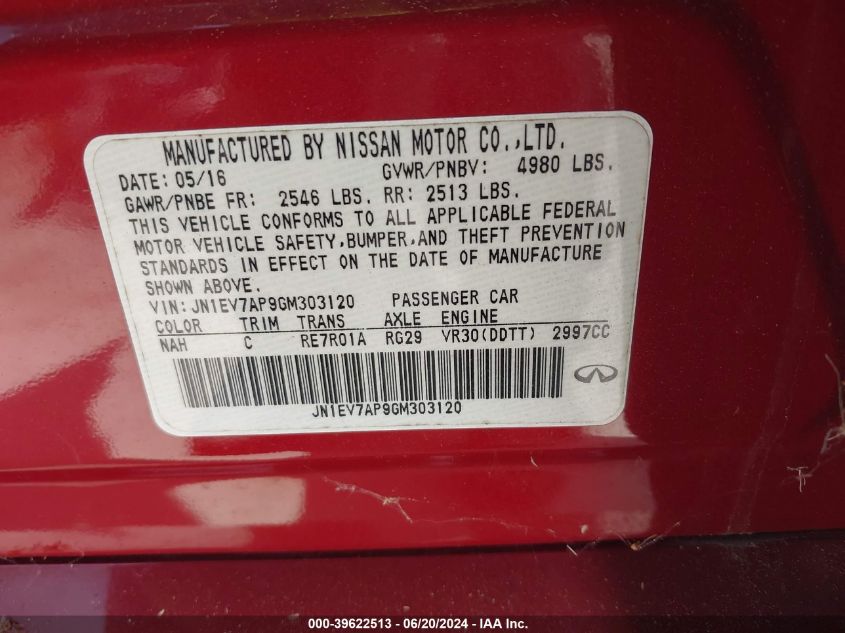 2016 Infiniti Q50 3.0T Premium VIN: JN1EV7AP9GM303120 Lot: 39622513