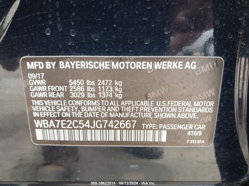 2018 BMW 740I VIN: WBA7E2C54JG742667 Lot: 39622514