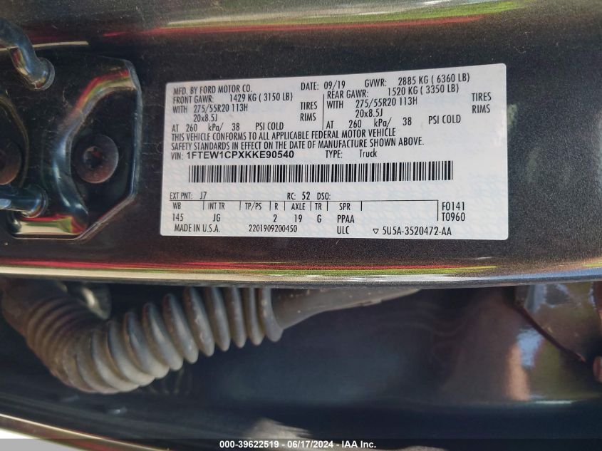 2019 Ford F-150 Xl VIN: 1FTEW1CPXKKE90540 Lot: 39622519