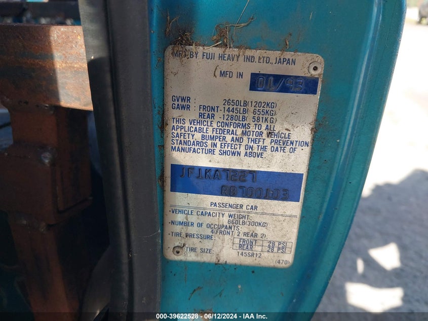 1994 Subaru Justy Dl VIN: JF1KA7227RB700103 Lot: 39622528