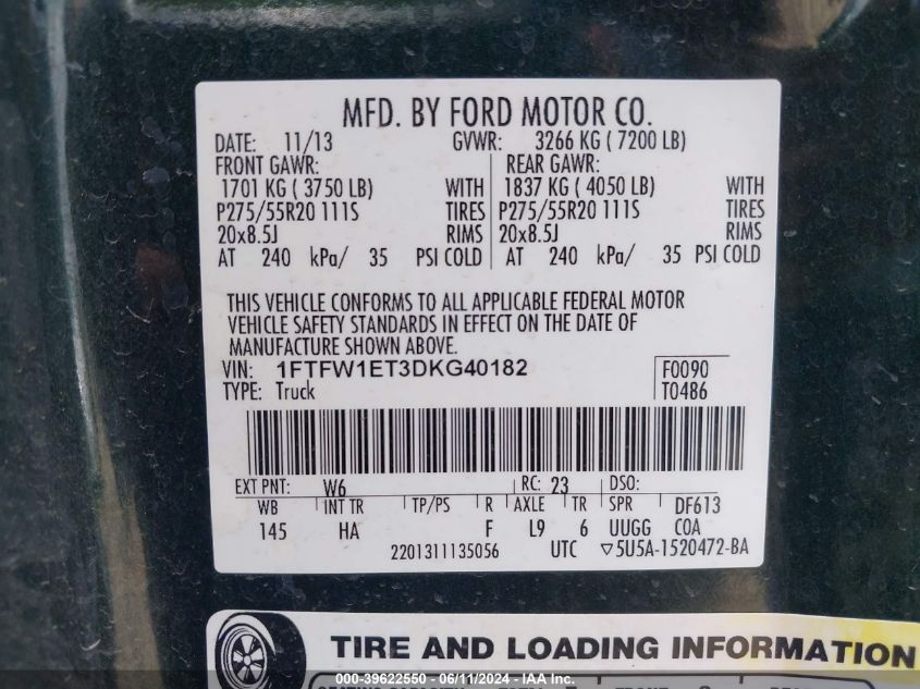 2013 Ford F-150 Lariat VIN: 1FTFW1ET3DKG40182 Lot: 39622550