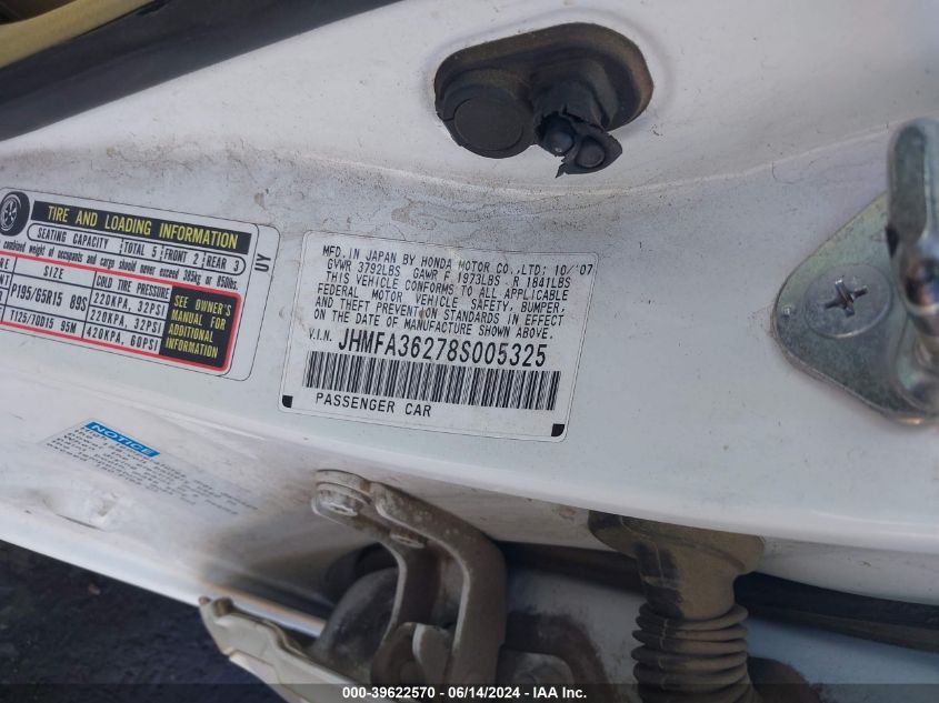 2008 Honda Civic Hybrid VIN: JHMFA36278S005325 Lot: 39622570