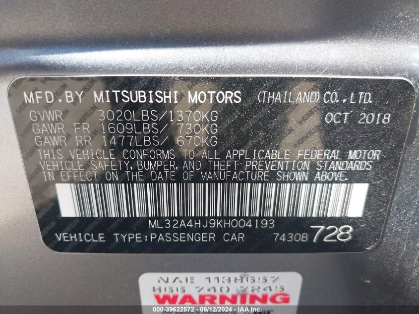 2019 Mitsubishi Mirage Se VIN: ML32A4HJ9KH004193 Lot: 39622572