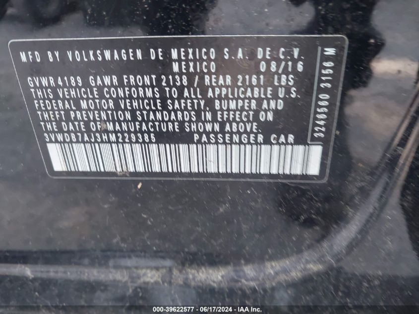 2017 Volkswagen Jetta 1.4T Se VIN: 3VWDB7AJ3HM229385 Lot: 39622577