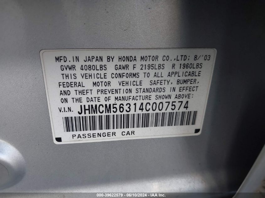 2004 Honda Accord 2.4 Lx VIN: JHMCM56314C007574 Lot: 39622579