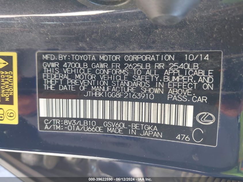 2015 Lexus Es 350 VIN: JTHBK1GG8F2163910 Lot: 39622590