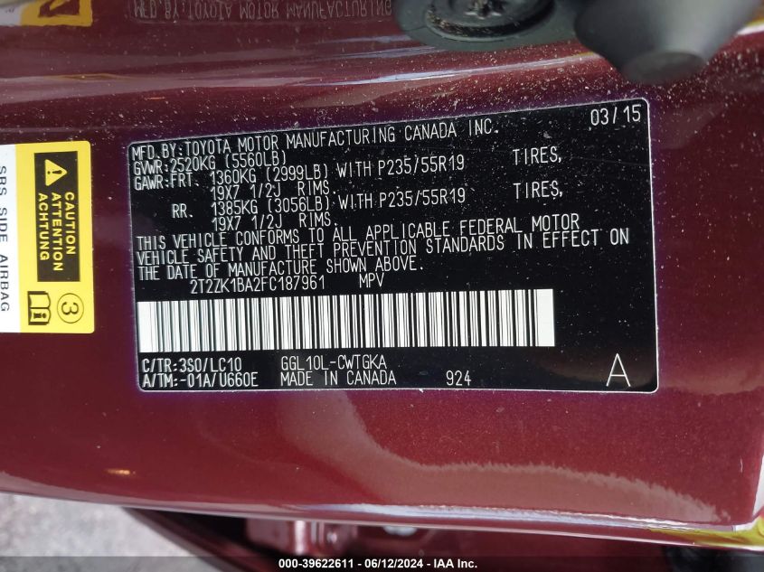 2015 Lexus Rx 350 VIN: 2T2ZK1BA2FC187961 Lot: 39622611