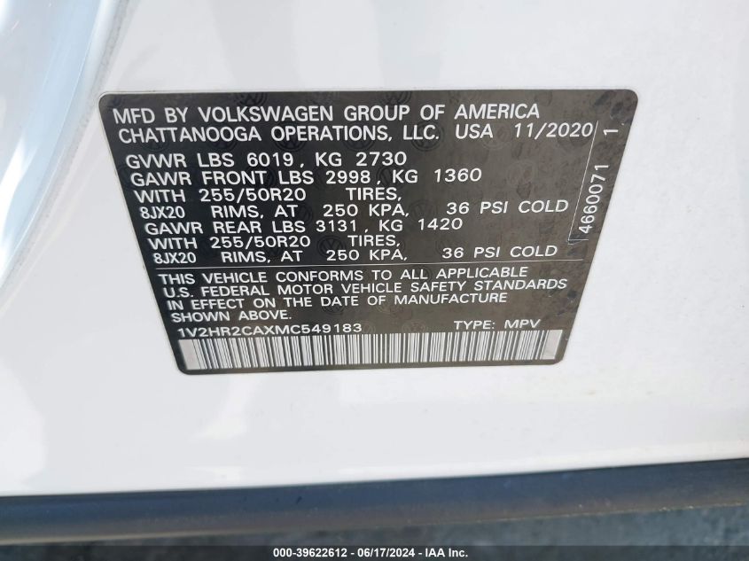 2021 Volkswagen Atlas 3.6L V6 Se W/Technology VIN: 1V2HR2CAXMC549183 Lot: 39622612