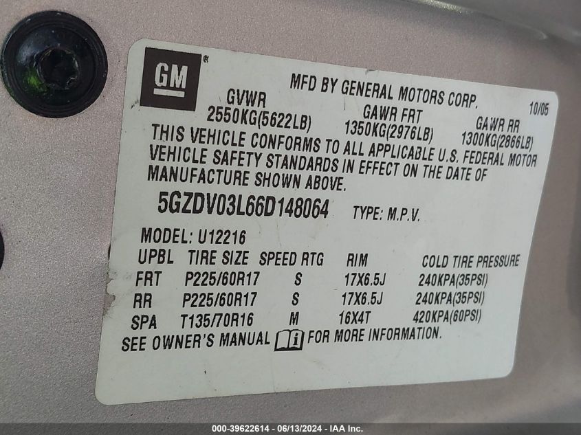 2006 Saturn Relay 2 VIN: 5GZDV03L66D148064 Lot: 39622614