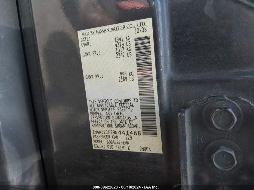 2009 Nissan Altima 2.5 S VIN: 1N4AL21E29N441488 Lot: 39622623