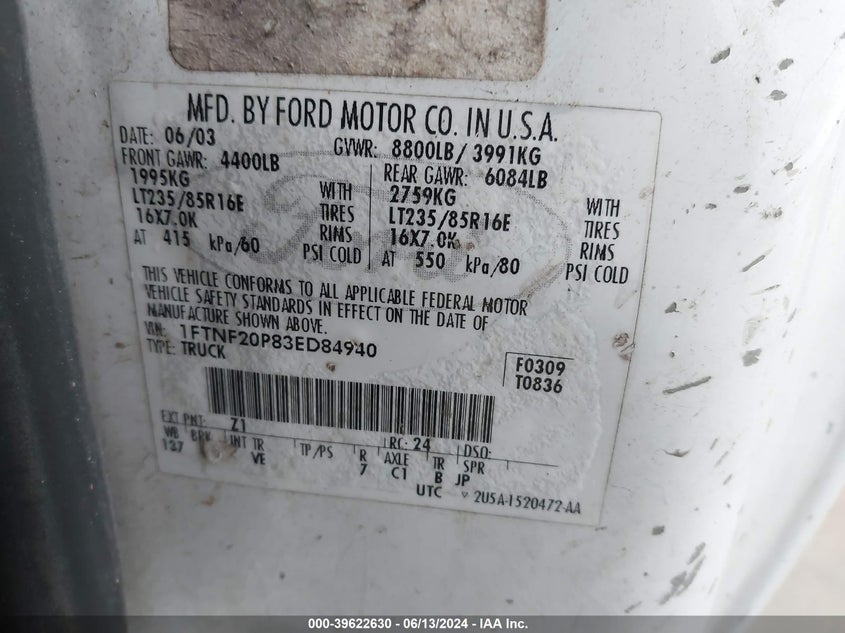 2003 Ford F-250 Xl/Xlt VIN: 1FTNF20P83ED84940 Lot: 39622630