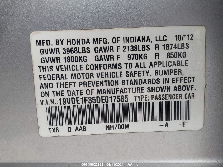 2013 Acura Ilx 2.0L VIN: 19VDE1F35DE017585 Lot: 39622633