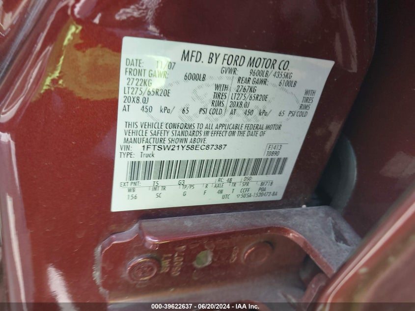 2008 Ford F-250 Super Duty VIN: 1FTSW21Y58EC87387 Lot: 39622637