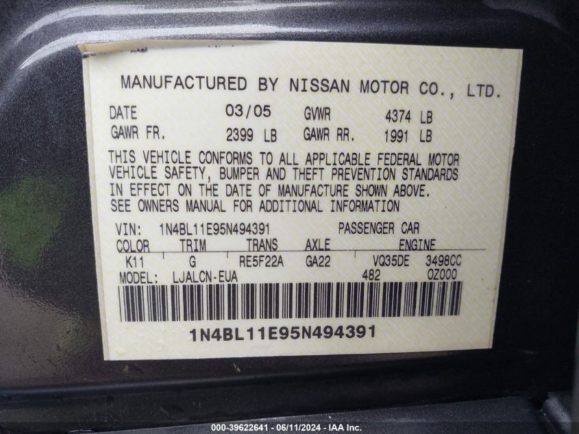 2005 Nissan Altima 3.5 Se VIN: 1N4BL11E95N494391 Lot: 39622641