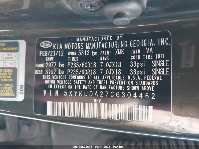 2012 Kia Sorento Ex V6 VIN: 5XYKUDA27CG304462 Lot: 39622645