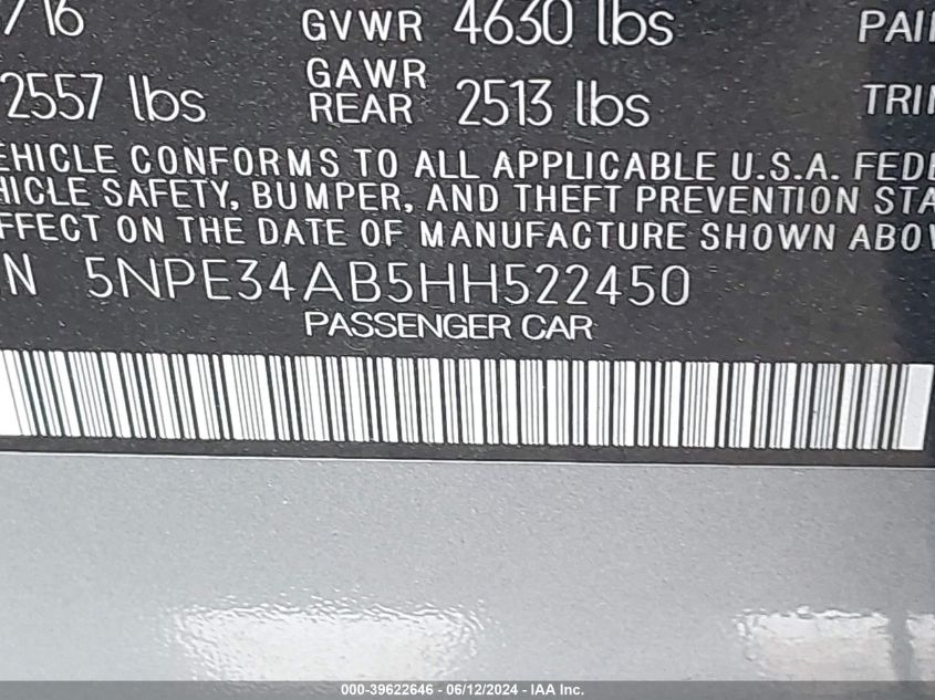 2017 Hyundai Sonata Sport 2.0T VIN: 5NPE34AB5HH522450 Lot: 39622646