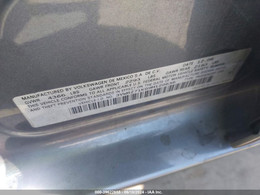 2009 Volkswagen Jetta Se VIN: 3VWRZ71K09M120636 Lot: 39622655