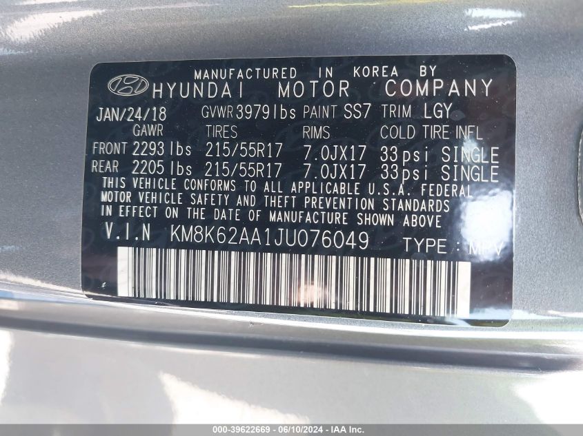 2018 Hyundai Kona Sel VIN: KM8K62AA1JU076049 Lot: 39622669