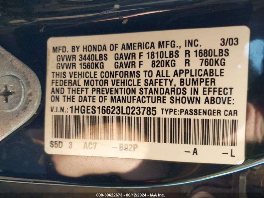 2003 Honda Civic Lx VIN: 1HGES16623L023785 Lot: 39622673