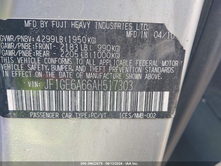2010 Subaru Impreza 2.5I VIN: JF1GE6A66AH517303 Lot: 39622679