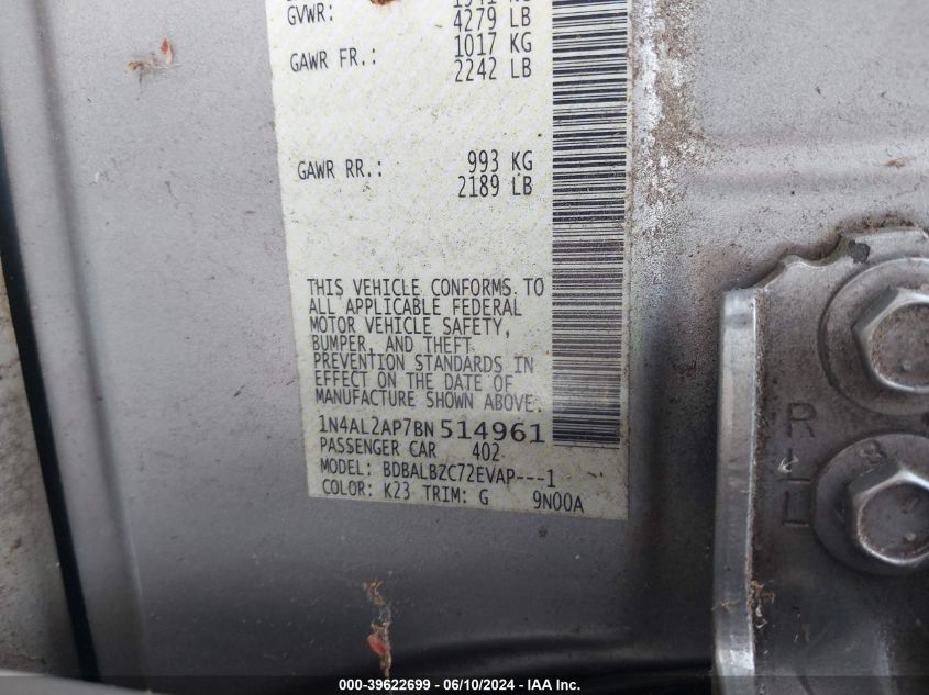 2011 Nissan Altima 2.5 S VIN: 1N4AL2AP7BN514961 Lot: 39622699