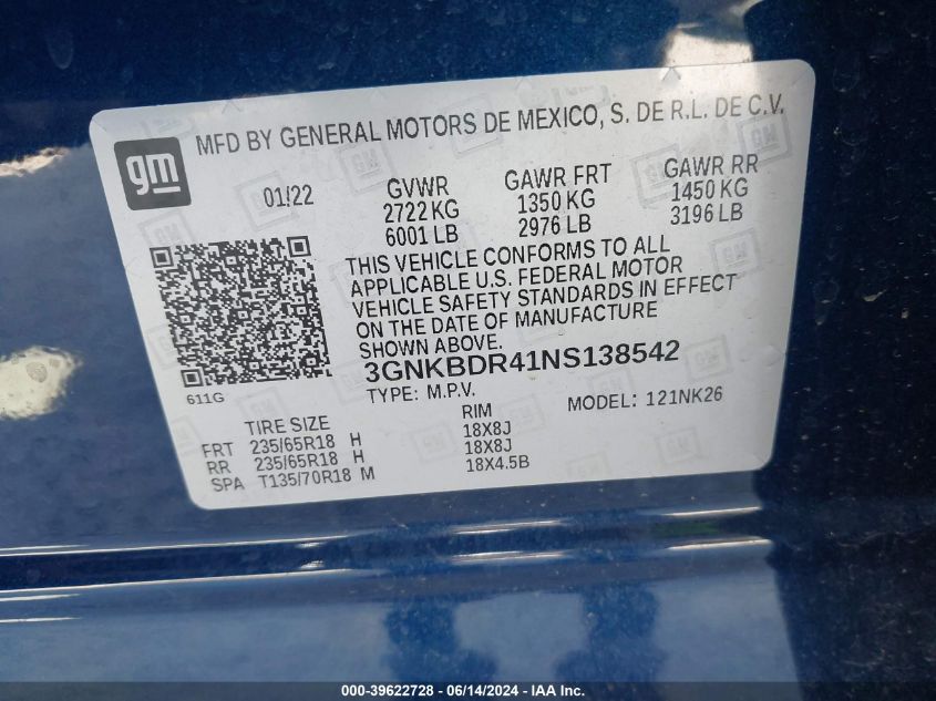 2022 Chevrolet Blazer Fwd 3Lt VIN: 3GNKBDR41NS138542 Lot: 39622728