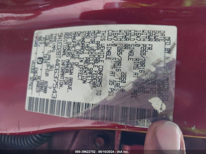 2004 Nissan Xterra Xe VIN: 5N1ED28T44C637543 Lot: 39622752