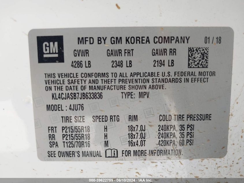 2018 Buick Encore Preferred VIN: KL4CJASB7JB633836 Lot: 39622759