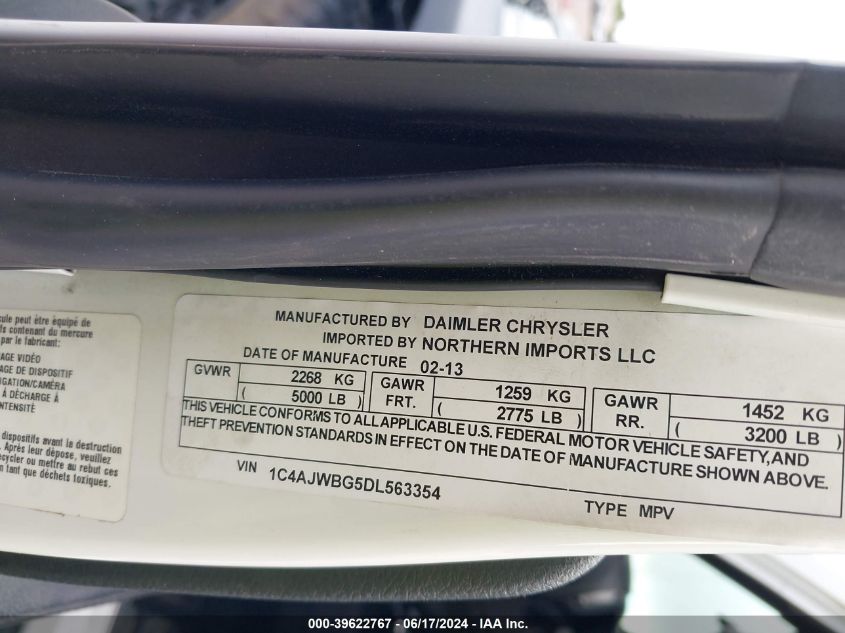 2013 Jeep Wrangler Sahara VIN: 1C4AJWBG5DL563354 Lot: 39622767