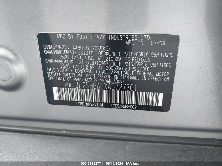 2010 Subaru Forester 2.5X VIN: JF2SH6ACXAG727301 Lot: 39622771