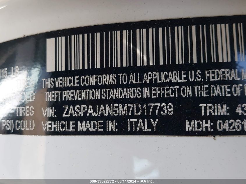 2021 Alfa Romeo Stelvio Rwd VIN: ZASPAJAN5M7D17739 Lot: 39622772