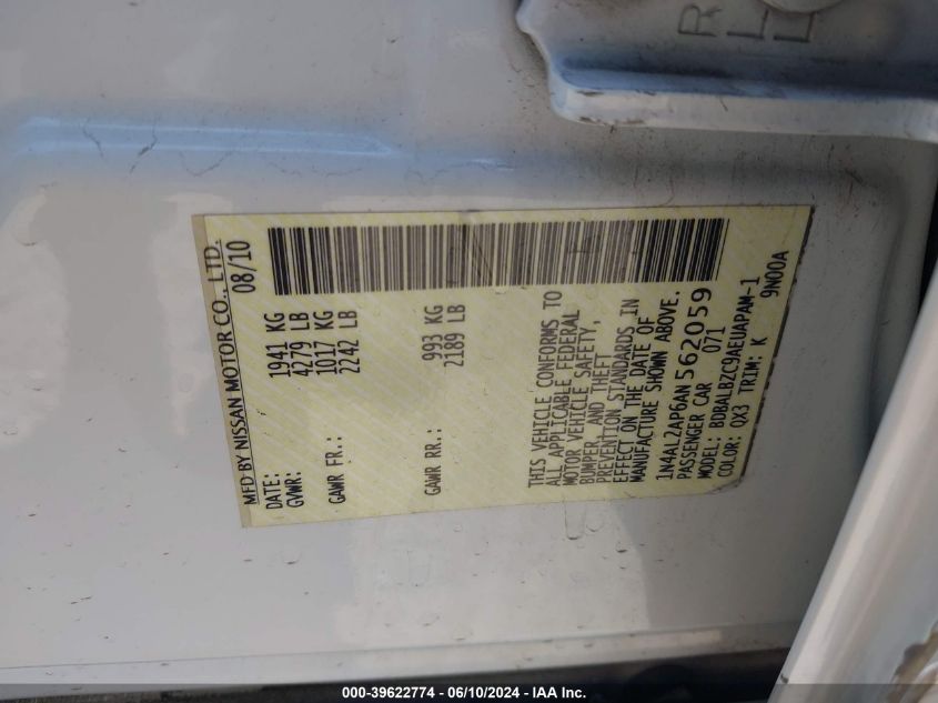 2010 Nissan Altima 2.5 S VIN: 1N4AL2AP6AN562059 Lot: 39622774