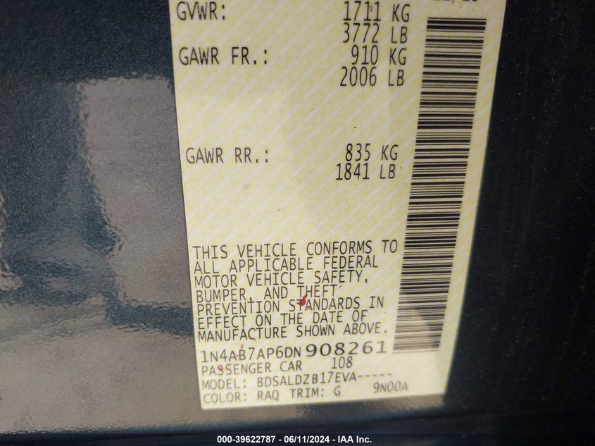 2013 Nissan Sentra Sv VIN: 1N4AB7AP6DN908261 Lot: 39622787